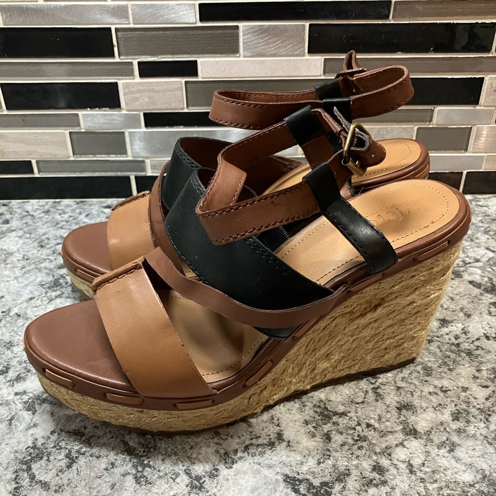 Victor Alfaro Brown Leather Wedge Heel Sandals Womens Size 8.5